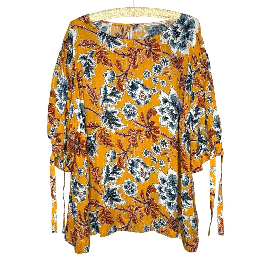 Soft Surroundings 3X Top Yellow Floral Print Tie Sleeve Boho Shimmer Relaxed Fit